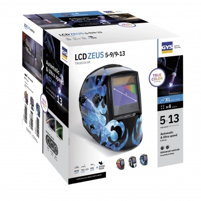 Caixa branca e preta com viseira automática para soldadura azul com chamas e texto técnico.