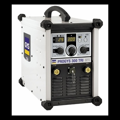 Máquina de soldar branca e preta com mostradores digitais e alça no topo