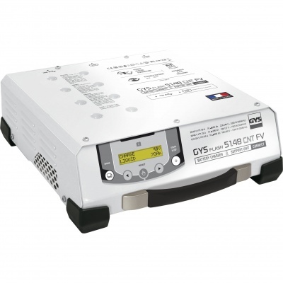 Carregador de bateria GYS branco com visor digital e botões