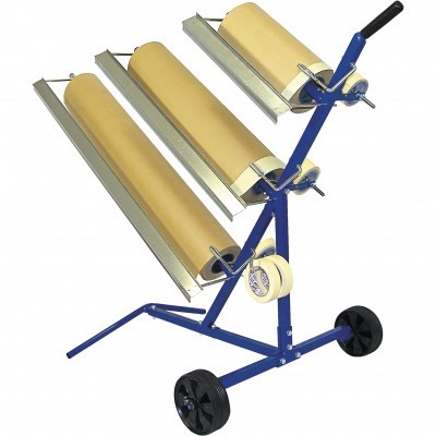 Suporte metálico azul com três rolos de papel castanho e rodas pretas