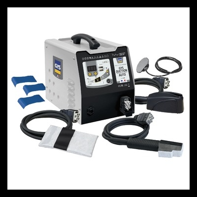 Máquina de soldar cinza e preta com cabos e acessórios