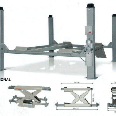 Elevador automóvel de quatro colunas em metal cinzento e desenho técnico