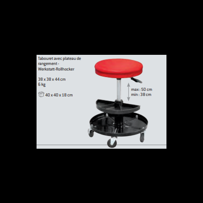 Tamborete com assento vermelho e base preta com rodas e tabuleiro de armazenamento ajustável