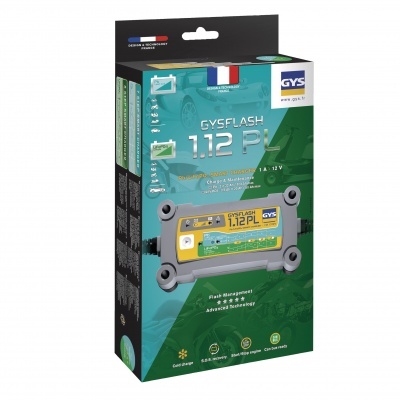 Embalagem do produto GYSFLASH 1.12 PL com caixa cinza e painel amarelo em fundo verde