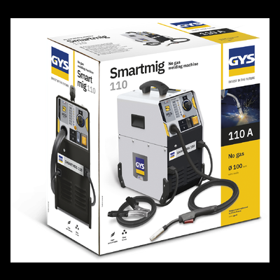 Caixa de máquina de soldar Smartmig 110 branca com painel amarelo e preto da GYS.