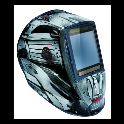 Capacete de soldadura com visor retangular em tons cinza e preto com padrão metálico