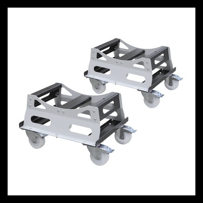 Suportes metálicos com rodas e travões sobre fundo branco