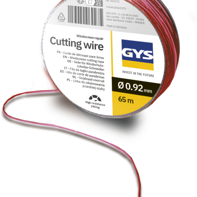 Fio de corte para para-brisas em embalagem redonda branca com texto e código de barras