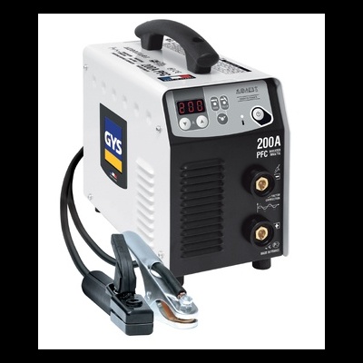 Máquina de soldar GYS 200A PFC branca e preta com cabos e grampos