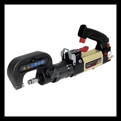 Ferramenta de cinta automática para embalagem preta e bege em fundo branco