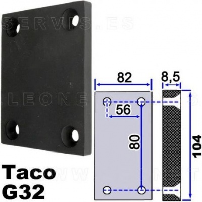 Taco G32 preto com quatro orifícios e ilustração técnica das dimensões.