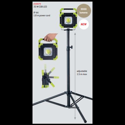 Luz LED preta e verde com tripé ajustável e texto técnico
