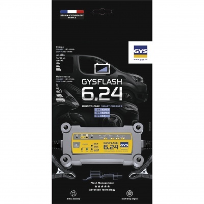 Embalagem preta com carregador multivoltagem GYSFLASH 6.24 amarelo da marca GYS