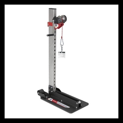 Elevador ou guincho manual metálico com base preta e gancho