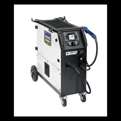 Equipamento industrial móvel branco e preto com ecrã digital e cabos