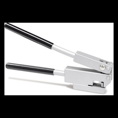 Ferramenta metálica prateada com alavancas pretas para aplicação de fechos