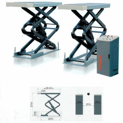 Plataformas elevatórias tipo tesoura e comando elétrico em fundo branco com desenhos técnicos.