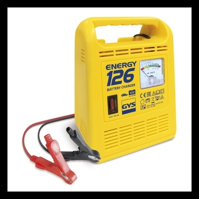 carregador de bateria amarelo com cabos vermelho e preto e mostrador analógico