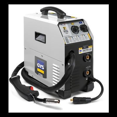 Máquina de soldar MIG cinzenta e preta com cabos e etiquetas visíveis