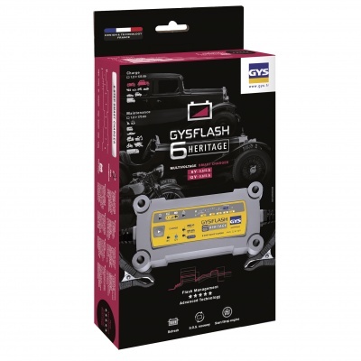 Caixa do carregador de bateria GYSFLASH 5 HERITAGE preta, amarela e rosa escuro