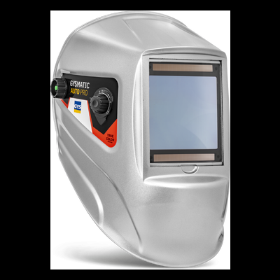 Capacete de soldadura prateado com visor escurecido e etiquetas laterais