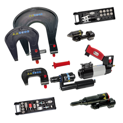 Conjunto de ferramentas industriais preto e vermelho com grampos e acessórios.