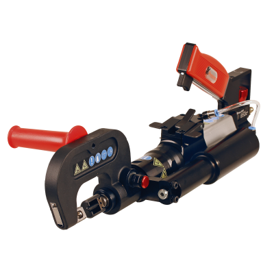 Ferramenta pneumática com empunhadura vermelha e corpo preto