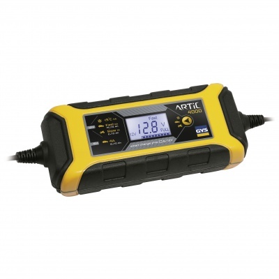 Carregador de baterias amarelo e preto com ecrã digital
