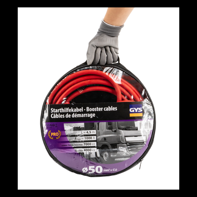 Cabo de arranque GYS Booster cables vermelho numa embalagem de plástico transparente com etiqueta preta e roxa