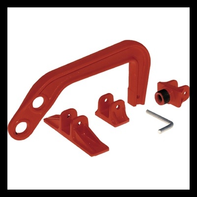 Acessórios metálicos vermelhos e chave Allen para montagem.