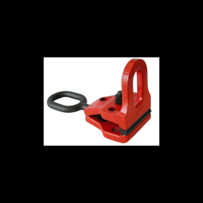 Morsa de elevação metálica vermelha com pega preta sobre fundo branco