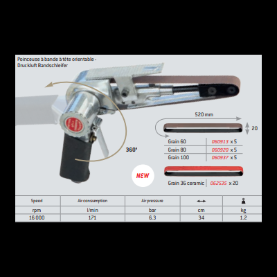 Lixadora de cinta pneumática cinzenta com cabeça orientável e tabela de especificações