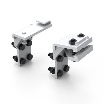 Dois suportes metálicos brancos com parafusos pretos