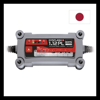 Carregador inteligente GYSFLASH 5 1.12 PL com corpo cinza e painel preto, vermelho e branco