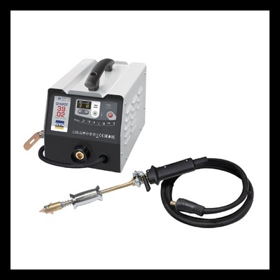 Máquina de soldar branca e preta com tocha de soldadura preta