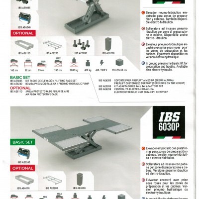 Plataformas elevatórias neumáticas e electro-hidráulicas IBS 6030 e IBS 6030P com acessórios e descrições em espanhol e inglês