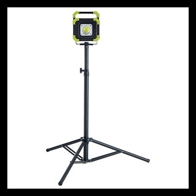 Lâmpada quadrada com moldura preta e verde neon montada num tripé preto ajustável