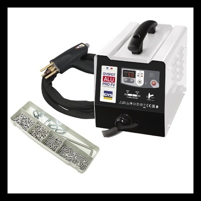 Máquina de soldar preta e branca com pistola e estojo de acessórios