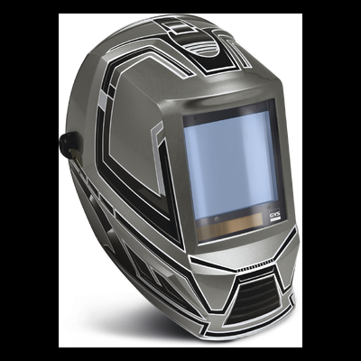 capacete de soldadura cinza metálico com detalhes em preto e branco e visor DVS