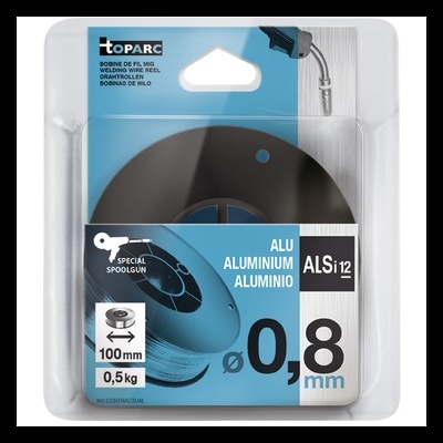 Carretel de fio de alumínio para soldagem MIG com rótulo azul em embalagem transparente