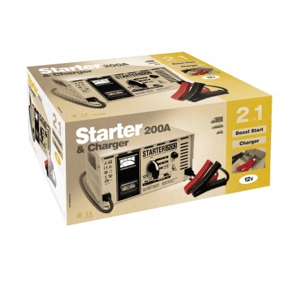 Caixa de embalagem de carregador e starter de bateria 200A com imagens e texto em amarelo e bege