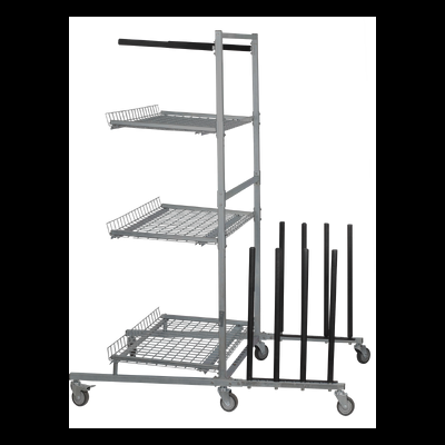 Carrinho metálico cinzento com três prateleiras e quatro rodas