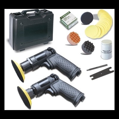 Conjunto de ferramentas de polimento com almofadas, fita abrasiva, frasco e mala preta