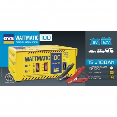 Carregador automático de baterias GYS WATTMATIC 100 amarelo com garras vermelha e preta