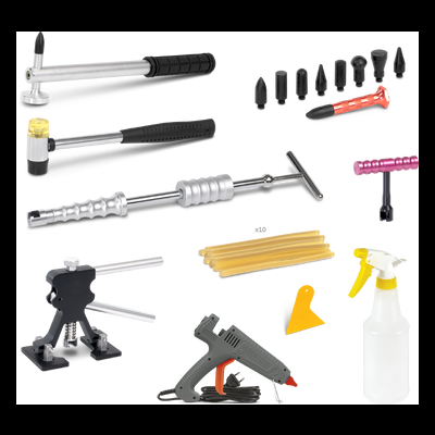 Conjunto de ferramentas para reparação automóvel com martelo, extrator, pistola de cola quente e pulverizador.