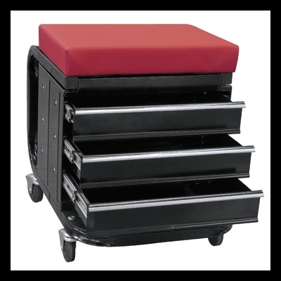 Carrinho de ferramentas preto com gavetas e almofada vermelha no topo