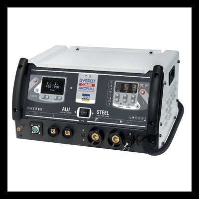 Aparelho de soldadura GYSPOT COMBI ARCPULL em alumínio e aço com ecrãs digitais e botões de controlo