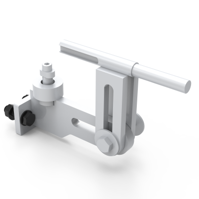 Ferramenta metálica branca com parafusos pretos e barra horizontal ajustável