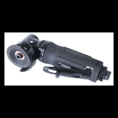 Ferramenta pneumática preta com disco abrasivo cinza sobre fundo branco