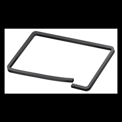 Suporte metálico preto retangular com canto aberto.